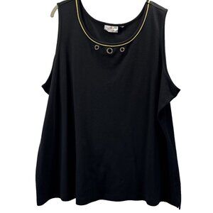 Quacker Factory Women Tank 3X Solid Black Gold Metal Rhinestones Sleeveless Knit